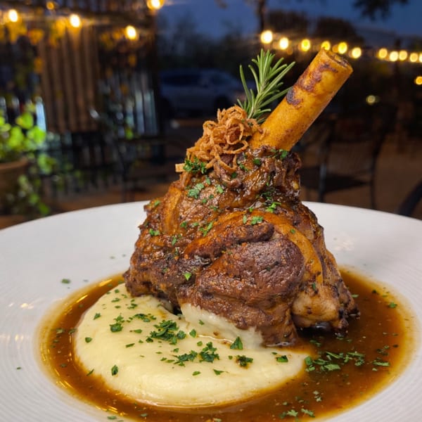 Braised lamb shank with mashed potatoes, gravy, fried onions, and rosemary on a white plate.